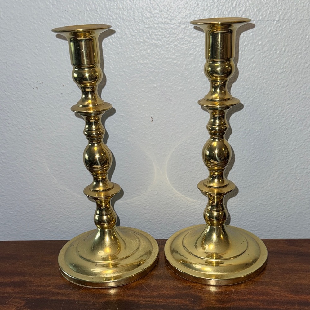 Vintage Pair of BALDWIN Shiny Brass Candlestick Holders. 9" Crafted in USA
